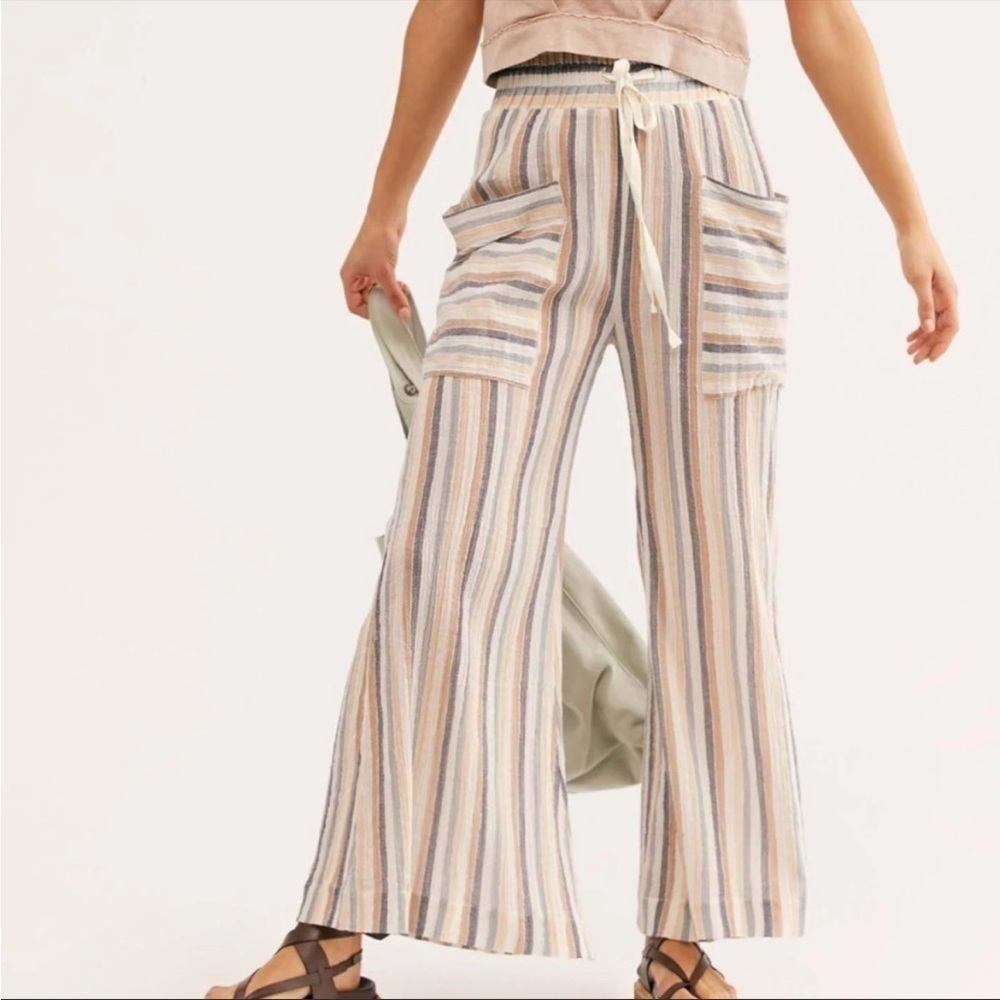 Free People Jones Beach Wide Leg Stripe Pants Small Cotton Gauze Pockets Boho
